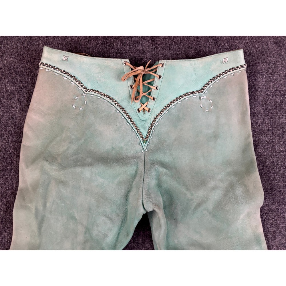 Vintage Western Suede Leather Pants Beaded Lace Up Turquoise OOAK Couture Rare - Picture 4 of 16